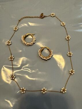 Gold Pearl Floral Necklace and Hoop Earring Set - White Faux Pearls